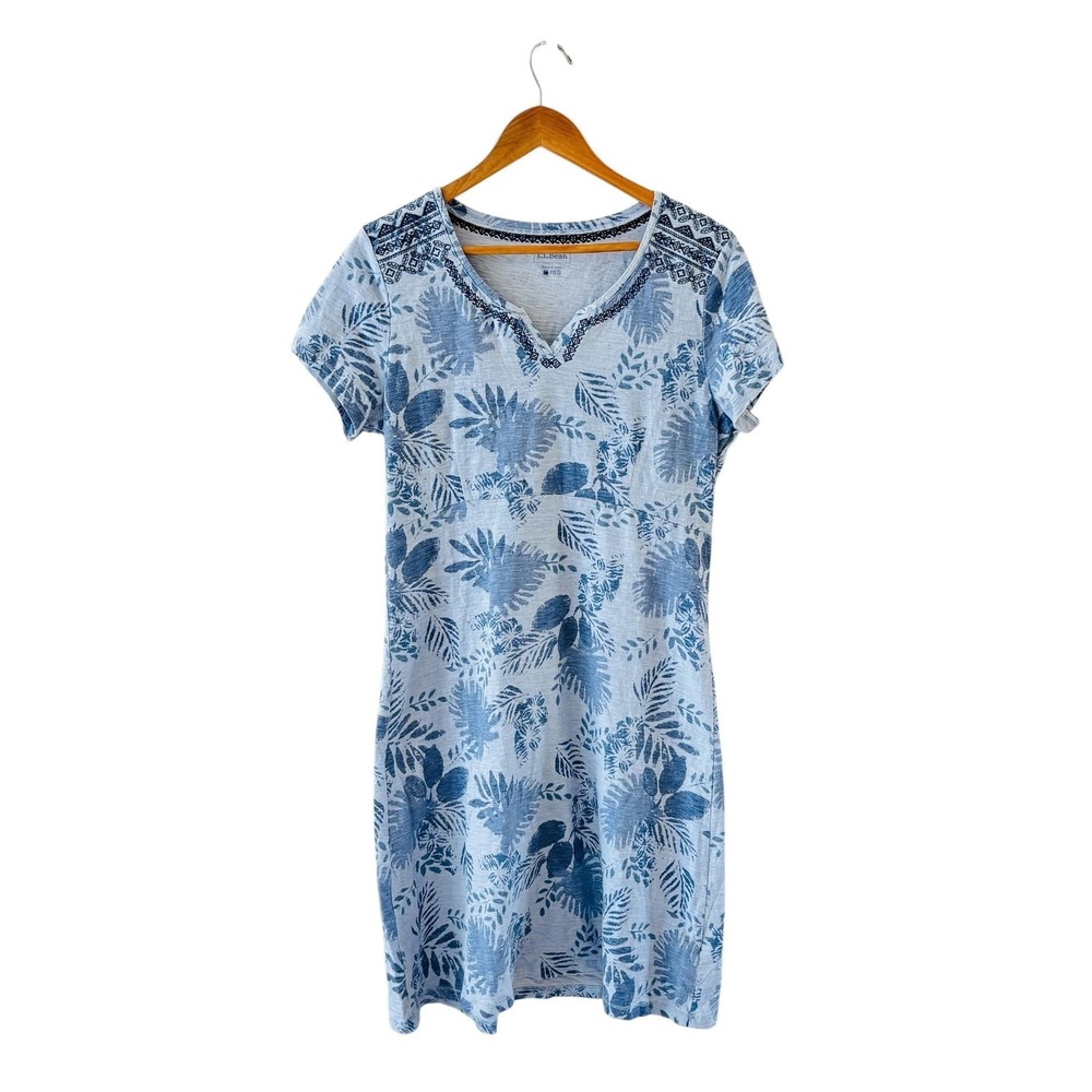 LL Bean‎ Floral T Shirt Dress Womens Size M Blue Cotton Preppy Tropical